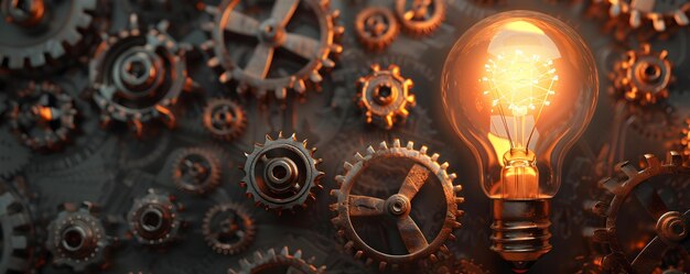 A bright lightbulb surrounded by gears representing an idea in motion Concept Innovation in Action Bright Ideas in Motion Gear Up for Innovation Illuminating Creativity Dynamic Idea Generation