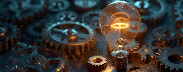 A bright lightbulb surrounded by gears representing an idea in motion Concept Lightbulb Gears Idea Motion Innovation