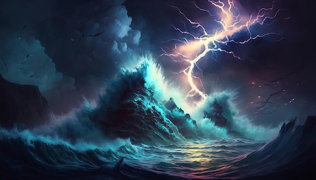 Bright lightning in a raging sea A strong storm in the ocean Big waves Night thunderstorm Generative ai