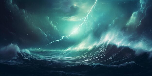 Bright lightning in a raging sea a strong storm in the ocean big waves night thunderstorm