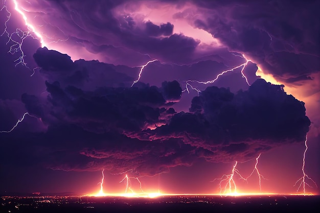 Photo bright lightnings in dark stormy sky thunderstorm in nature background