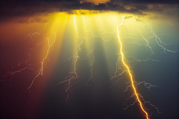 Bright lightnings in dark stormy sky thunderstorm in nature background