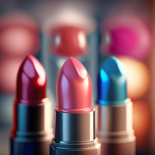 Bright lipstick of different colors shades of colored lipstick for lips Professional makeup tool blurred background