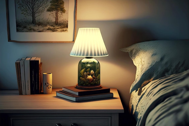 집 방에 있는 밝은 작은 침대 옆 램프