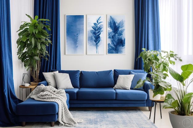 Bright living room interior with royal blue couch white minimalist living room interior with sofa modern luxury living room modern mid century interior of living room generative ai