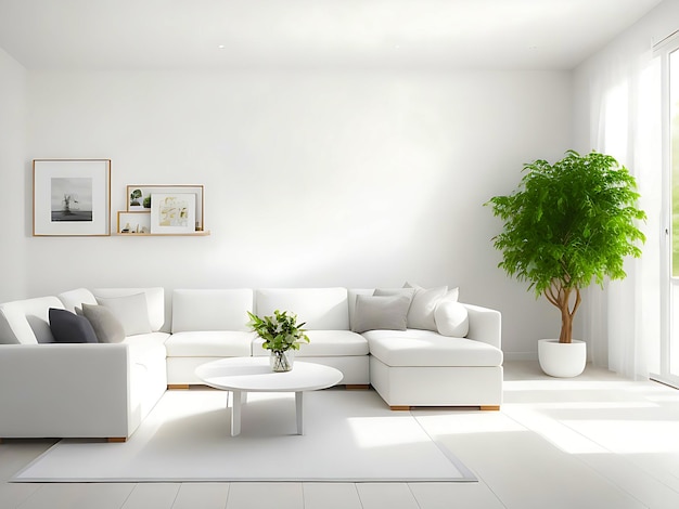 Bright living room interior with white empty wall ai generator