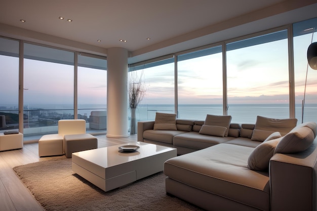 A bright living room and large glass by the sea