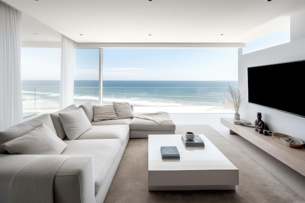 A bright living room and large glass by the sea