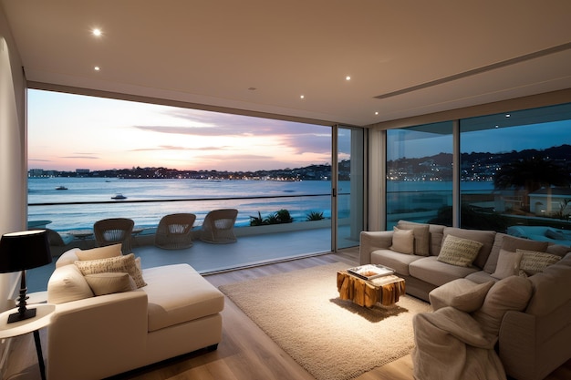 A bright living room and large glass by the sea