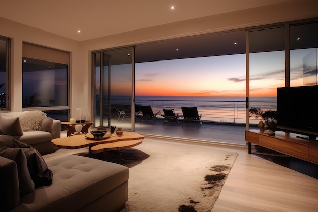 A bright living room and large glass by the sea