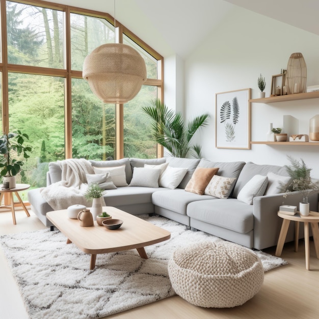 Bright living room with large windows and a comfortable couch