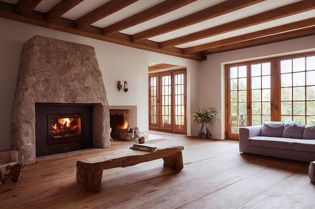 Bright living room with purple sofa wooden fireplace and coffee table