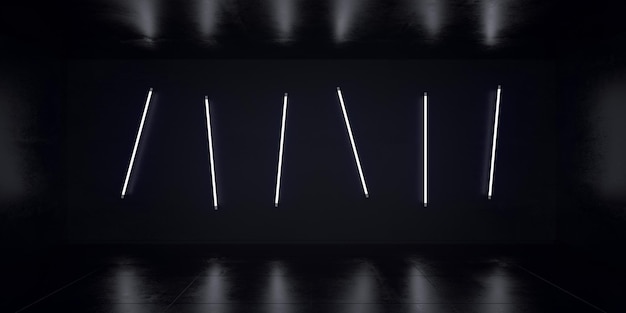 Яркие светящиеся люминесцентные лампы в хаотичном порядке на черной стене в темной комнате 3d-рендеринга