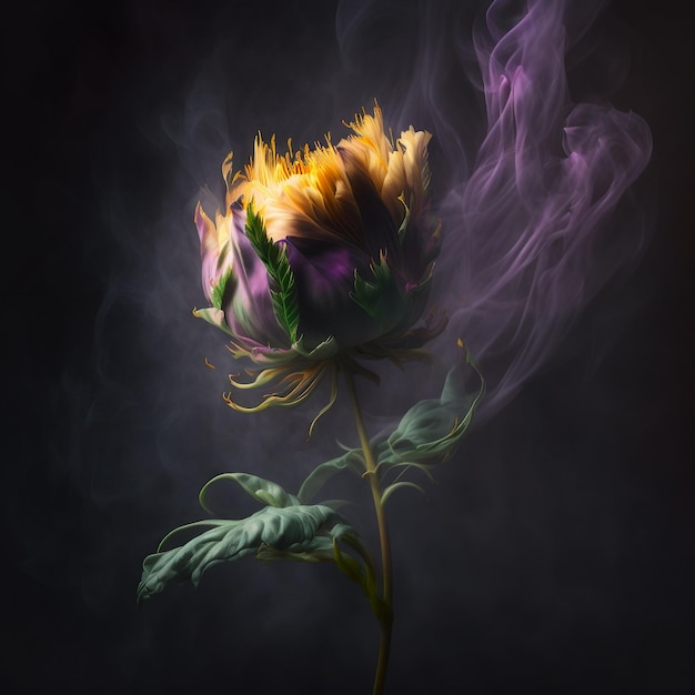 Яркий пышный желтый цветок с дымом на темном фоне
