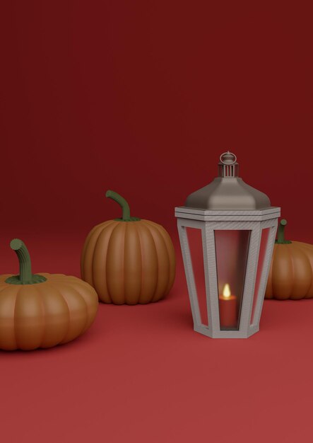 Bright maroon dark red 3D illustration autumn fall Halloween themed product display podium stand background or wallpaper with pumpkins and lantern with candle inside vertical product photography