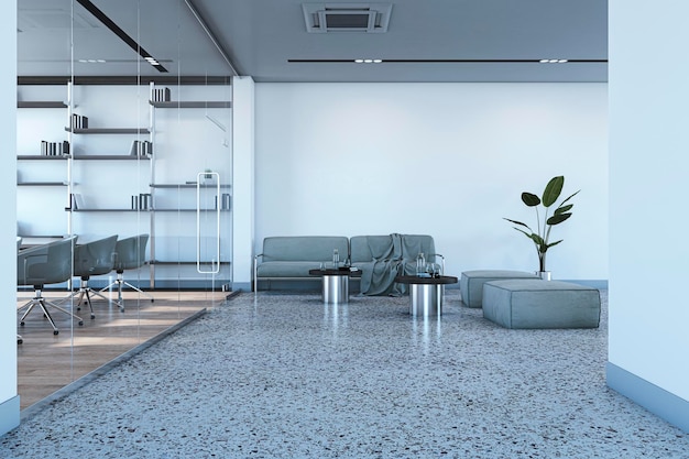 bright meeting room interior with waiting area 3d rendering
