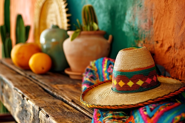 Photo bright mexican sombrero hat on wooden shelf