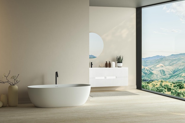 Bright minimal bathroom interior with white basin and oval mirror bathtub dry plants in vase carpet on granite floor Bathing accessories and window in hotel studio 3D rendering