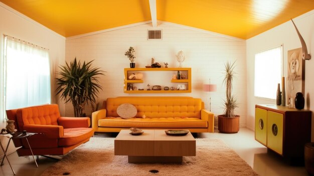 Bright and minimalist 70s interior design of orange toned living room with triangle ceiling generative ai aig27