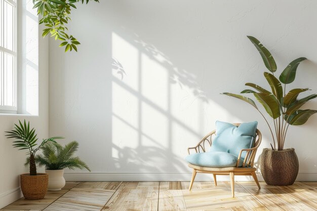 Photo bright minimalist interior featuring a comfortable armchair indoor plants