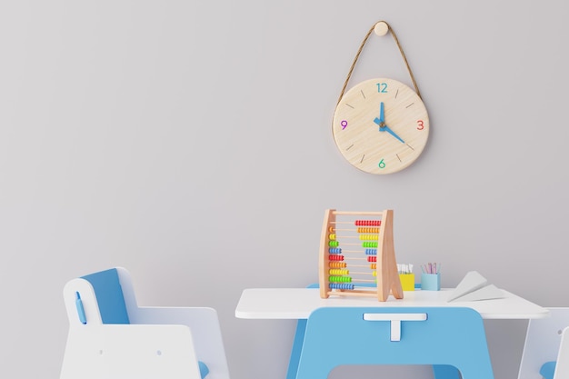 bright and minimalistic childrens study area with copy space on wall features stylish blue chair white table and a wooden wall clock creating a clean educational environment 3d render