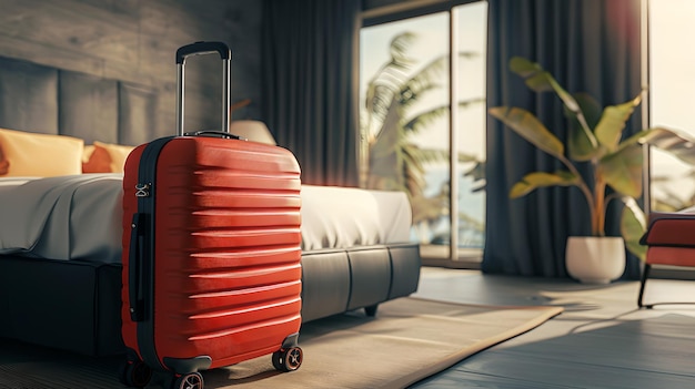 Bright modern bedroom with a red suitcase ready for travel Sunlight streams through the curtains Hospitality and travel concept image AI