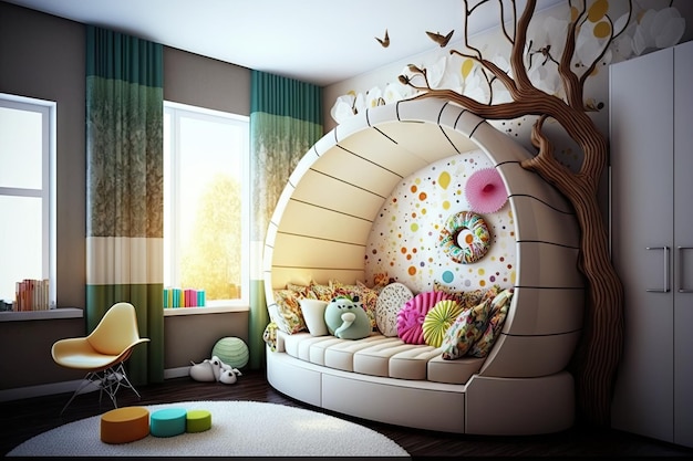 Яркая современная детская комната с удобным диваном и дизайнерским интерьером, созданным с помощью генеративного ИИ