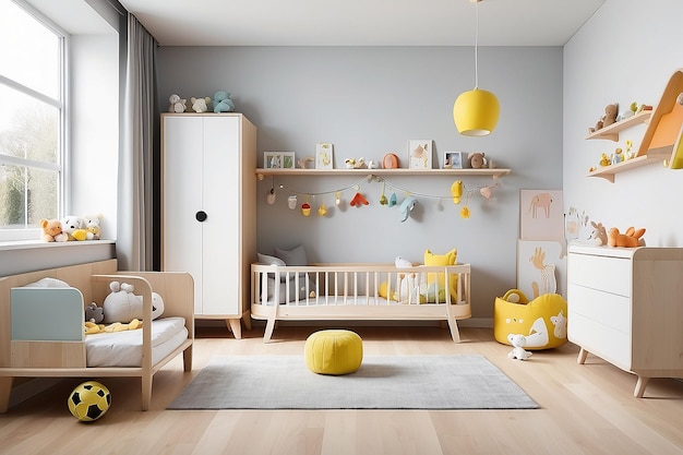 Bright modern childrens kids nursery baby bedroom with toys and childrens furniture set