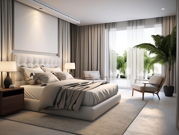 Bright modern double bedroom with furniture