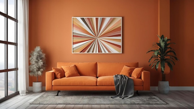 オレンジ色の壁で明るい近代的なインテリアの背景モックアップ
