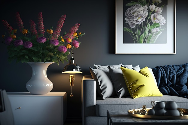 Bright modern interior elements fresh flowers