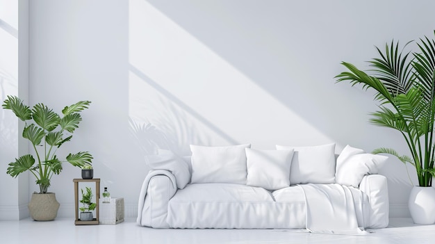 Bright Modern Living Room White Linen Sofa and Plant Decor