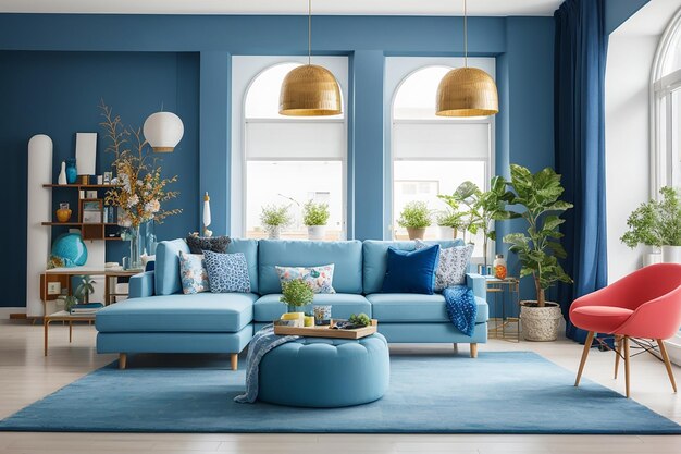 Photo bright modern living room with nobody in it with blue furniture and walls beautiful decorated