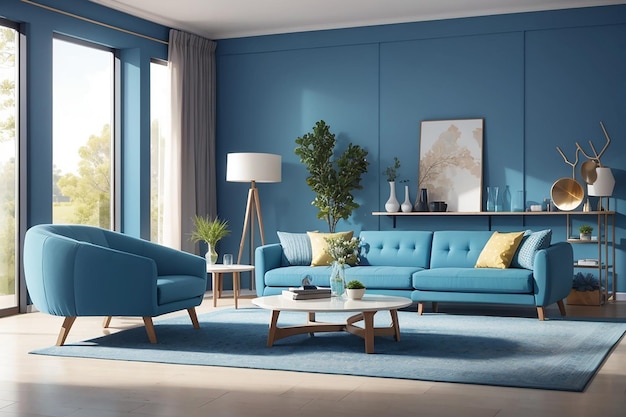 Bright modern living room with nobody in it with blue furniture and walls beautiful decorated