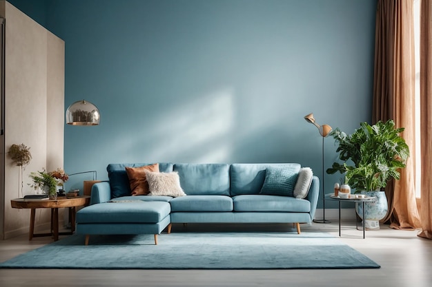 Bright modern living room with nobody in it with blue furniture and walls beautiful decorated