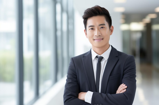 In bright modern office a 35 years old handsome chinese businessman with large smil