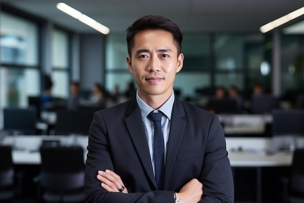 In bright modern office a 35 years old handsome chinese businessman