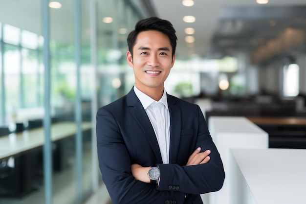 Photo in bright modern office a 35 years old handsome chinese businessman