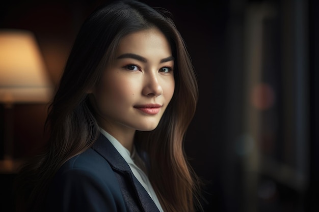 In bright modern office a young 18 years old beautiful chinese businesswoman with large smile Generative AI AIG18