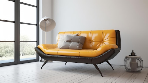 Yellow Leather Sofa And Black Ottoman