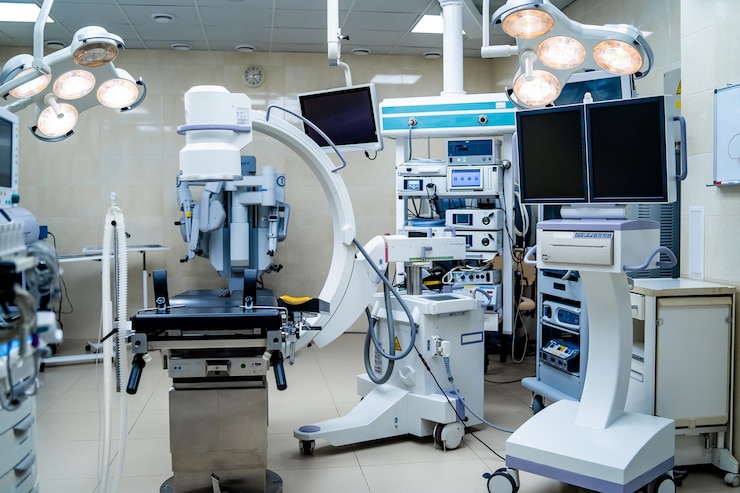 Photo bright modern surgery room. operating theatre. modern equipment in clinic. emergency room. first aid chamber