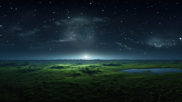 a bright moon shines through a field of grass.