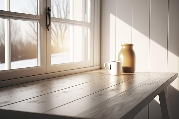 明るい朝の光の木製テーブルぼんやりとした窓背景プロトタイプ
