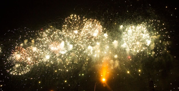 Fuochi d'artificio festivi multicolori luminosi nel cielo notturno