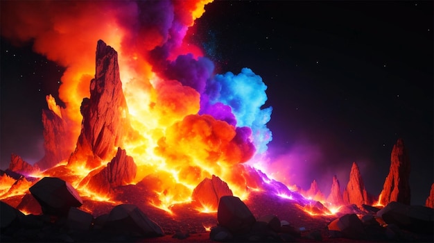 Bright multicolor fire blazing against the night sky