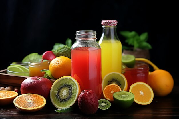 Photo bright multicolored advertising glass bottle with fresh juice vegetables and fruits