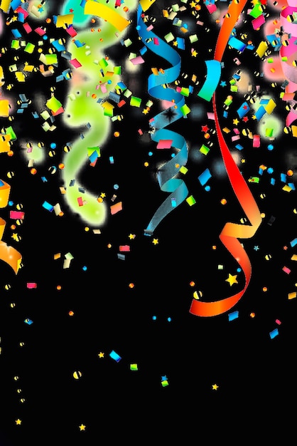 Bright multicolored confetti on a black background Celebration Place for an inscription