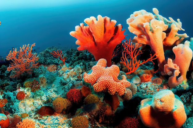 다이빙을 위해 수중의 밝은 여러 가지 빛깔의 물고기 산호와 별 바다