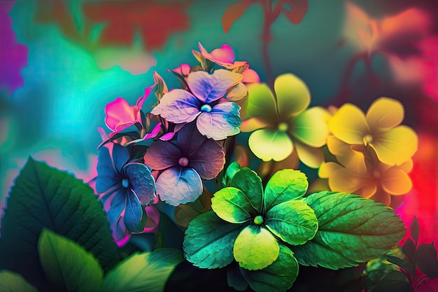 Bright multicolored flowers on green leaves on blurry spring day background