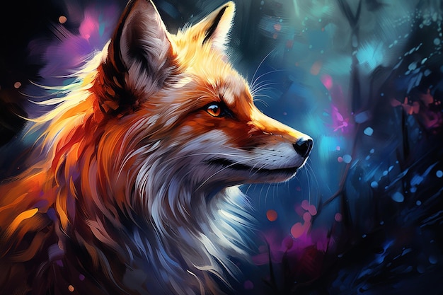 bright multicolored illustration portrait of red fox digital oil style